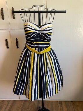 Teeze Me Strapless Fit-and-Flare Dress in Navy, White & Yellow